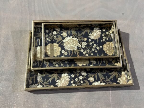 BLACK GOLD FLOWER MDF TRAY SET 3PC