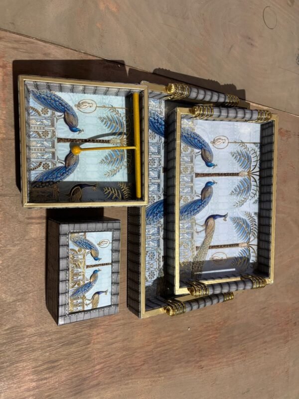 PEACOCK LEATHER TRAY 2PC + TISSUE+ CUTLERY HOLDER COMBO