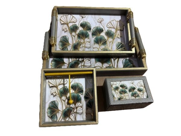 GREY GREEN LEATHER 2 TRAYS +TISSUE+CUTLERY HOLDER COMBO