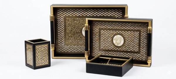 BLACK LEATHER TRAY 4PC SET 3