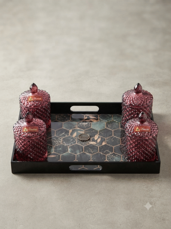 VENICE VICTORY 4 DRY FRUIT JAR & 1 TRAY SET