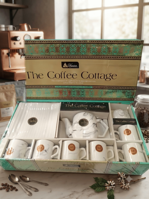 VENICE THE COFFEE COTTAGE 6 CUPS & 1 TRAY WITH KETTLE