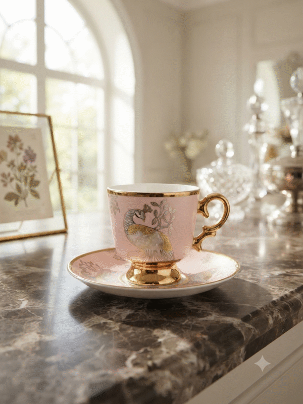 PINK PEACOCK CUP & SAUCER SET 12PC